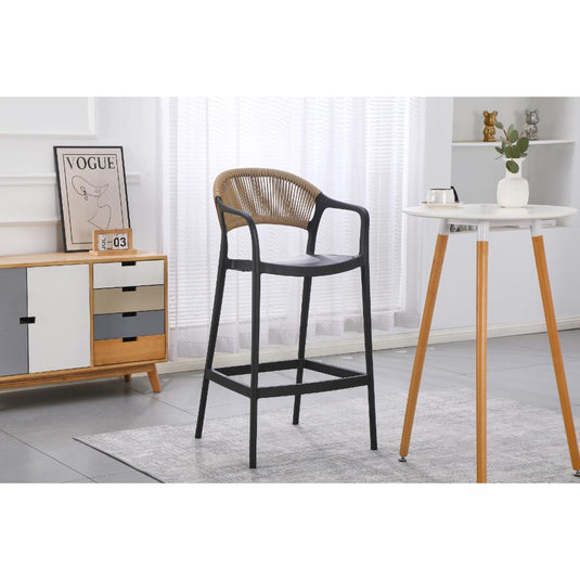 Silla para Bar Bali, Negro, Con espaldar en cuerdas y diseño Moderno