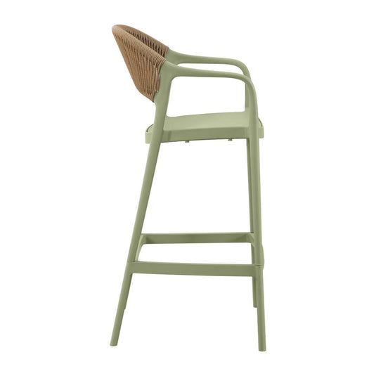 Silla para Bar Bali, Verde, Con espaldar en cuerdas y diseño Moderno X2