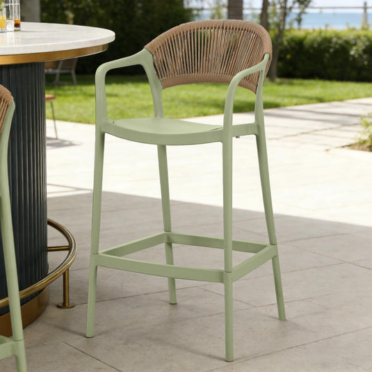 Silla para Bar Bali, Verde, Con espaldar en cuerdas y diseño Moderno X2