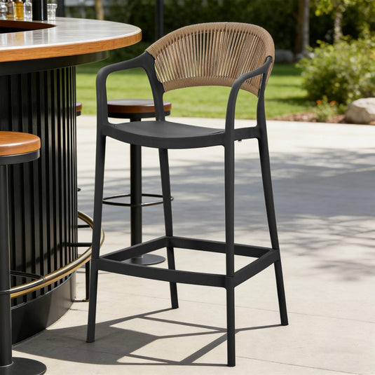 Silla para Bar Bali, Negro, Con espaldar en cuerdas y diseño Moderno