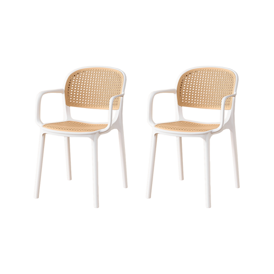Set de 2 Sillas con Brazos Nest, Color Blanco y Beige, con Espaldar y Asiento en Rejilla