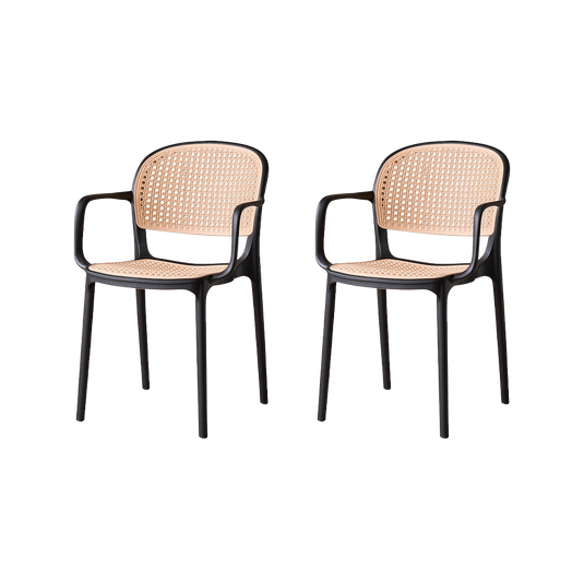 Set de 2 Sillas con Brazos Nest, Color Negro y Beige, con Espaldar y Asiento en Rejilla