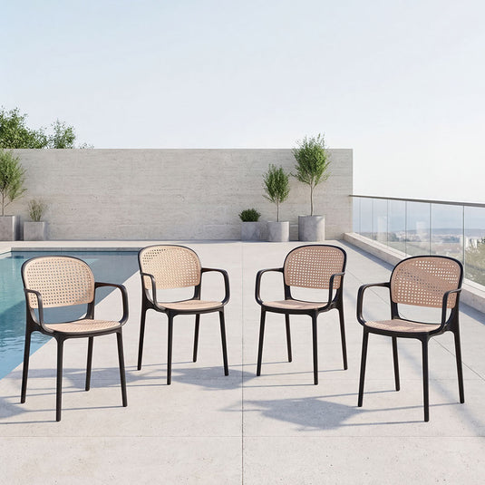 Set de 4 Sillas con Brazos Nest, Color Negro y Beige, con Espaldar y Asiento en Rejilla