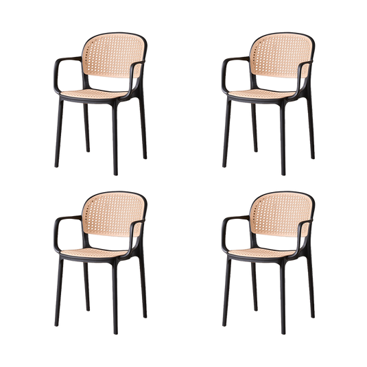 Set de 4 Sillas con Brazos Nest, Color Negro y Beige, con Espaldar y Asiento en Rejilla
