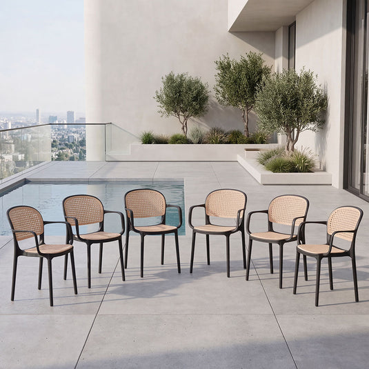 Set de 6 Sillas con Brazos Nest, Color Negro y Beige, con Espaldar y Asiento en Rejilla