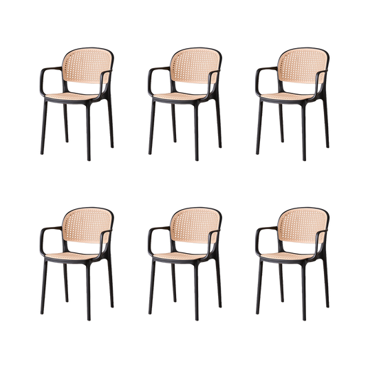 Set de 6 Sillas con Brazos Nest, Color Negro y Beige, con Espaldar y Asiento en Rejilla
