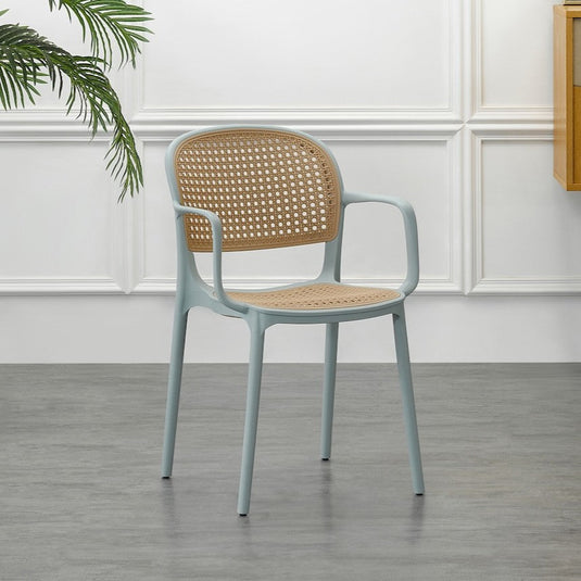 Set de 4 Sillas con Brazos Nest, Color Azul Claro y Beige, con Espaldar y Asiento en Rejilla