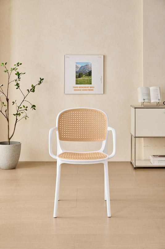 Set de 6 Sillas con Brazos Nest, Color Blanco y Beige, con Espaldar y Asiento en Rejilla