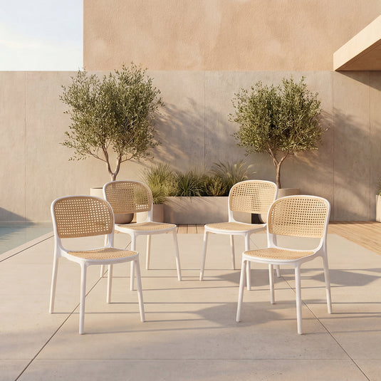 Set de 4 Sillas Nest, Color Blanco y Beige, con Espaldar y Asiento en Rejilla