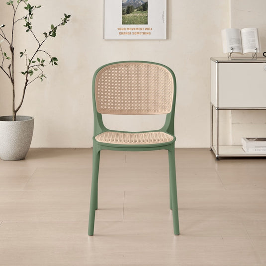 Set de 4 Sillas Nest, Verde Olivo y Beige, con Espaldar y Asiento en Rejilla