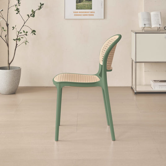 Set de 4 Sillas Nest, Verde Olivo y Beige, con Espaldar y Asiento en Rejilla