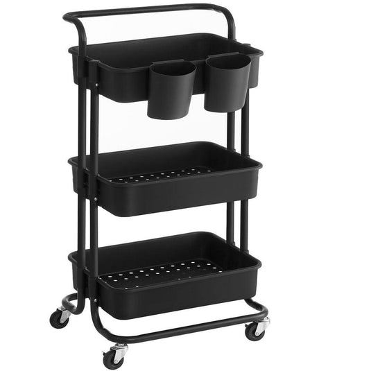 Mueble Auxiliar Multiusos Rolling, Negro, con Tres Niveles y Rodachines para su Fácil Desplazamiento