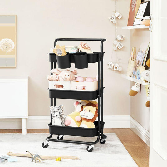 Mueble Auxiliar Multiusos Rolling, Negro, con Tres Niveles y Rodachines para su Fácil Desplazamiento