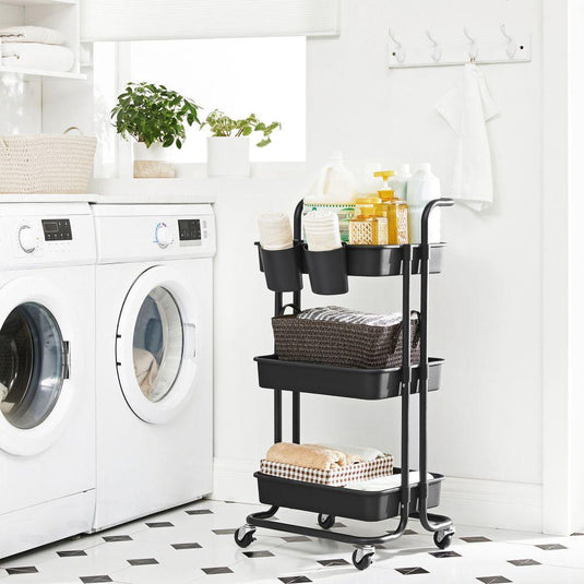 Mueble Auxiliar Multiusos Rolling, Negro, con Tres Niveles y Rodachines para su Fácil Desplazamiento