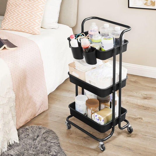 Mueble Auxiliar Multiusos Rolling, Negro, con Tres Niveles y Rodachines para su Fácil Desplazamiento