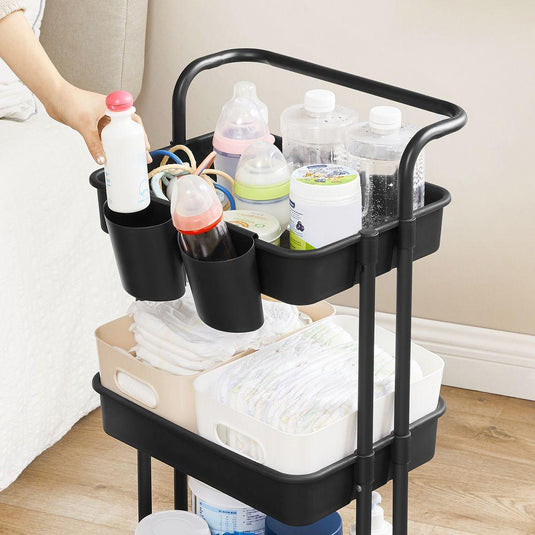 Mueble Auxiliar Multiusos Rolling, Negro, con Tres Niveles y Rodachines para su Fácil Desplazamiento