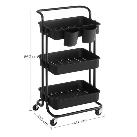 Mueble Auxiliar Multiusos Rolling, Negro, con Tres Niveles y Rodachines para su Fácil Desplazamiento