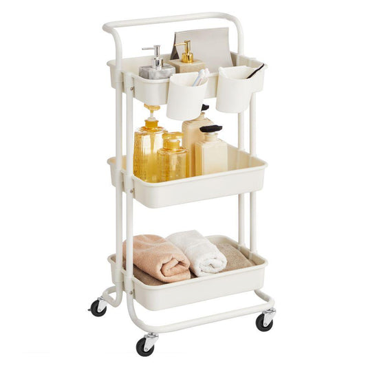 Mueble Auxiliar Multiusos Rolling, Blanco, con Tres Niveles y Rodachines para su Fácil Desplazamiento