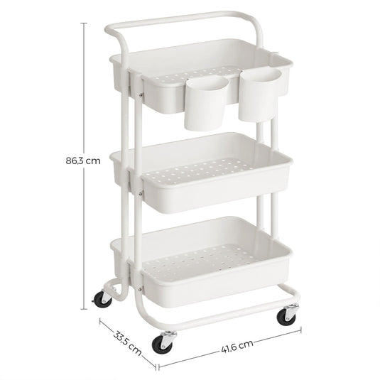 Mueble Auxiliar Multiusos Rolling, Blanco, con Tres Niveles y Rodachines para su Fácil Desplazamiento