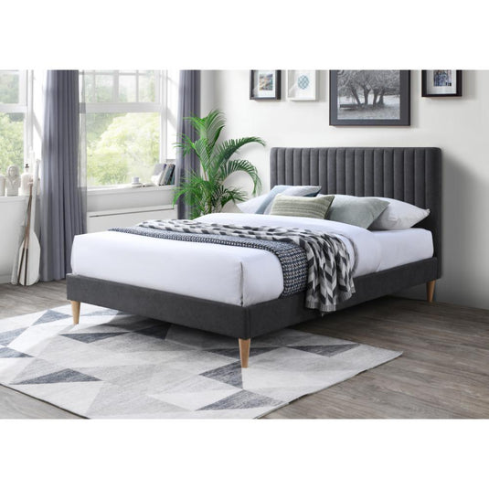 Cama Doble Tania, Gris Oscuro, Madera Roble Tapizada