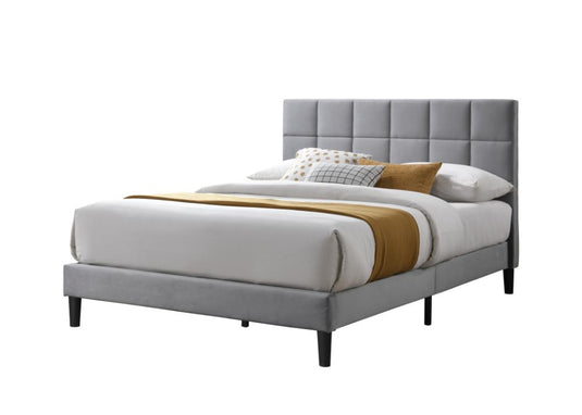 Cama Doble Vertex, Gris Claro, Madera Roble Tapizada