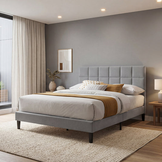 Cama Doble Vertex, Gris Claro, Madera Roble Tapizada