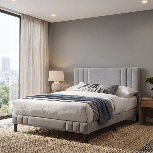 Cama Doble Majestic, Gris Claro, Madera Roble Tapizada