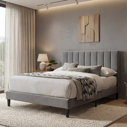 Cama Doble Lisa, Gris Oscuro, Madera Roble Tapizada