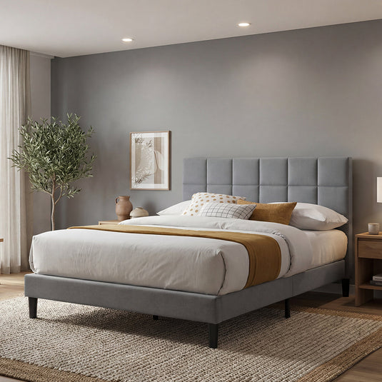 Cama Doble Vertex, Gris Oscuro, Madera Roble Tapizada