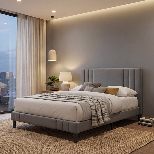 Cama Doble Majestic, Gris Oscuro, Madera Roble Tapizada