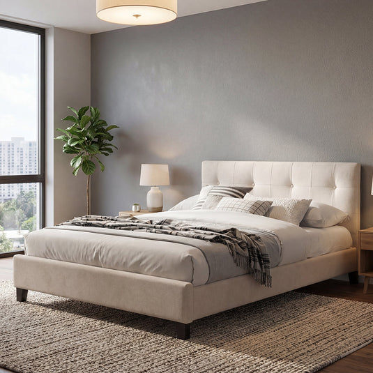 Cama Doble Imperial, Blanco, Madera Roble Tapizada