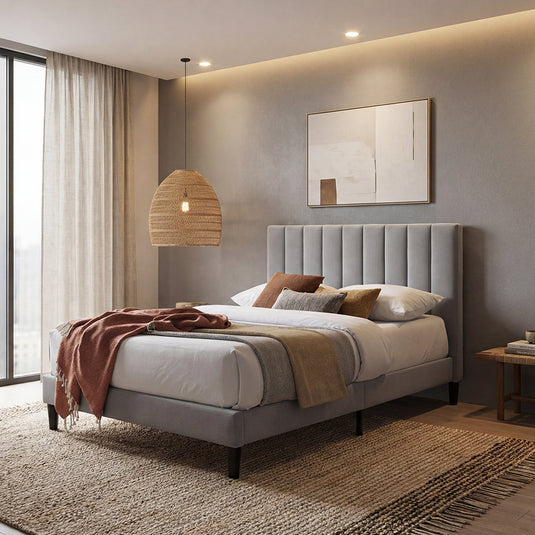 Cama Doble Lisa, Gris Claro, Madera Roble Tapizada