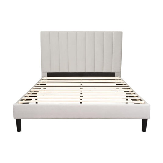 Cama Doble Lisa, Gris Claro, Madera Roble Tapizada