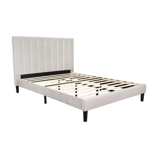 Cama Doble Lisa, Gris Claro, Madera Roble Tapizada