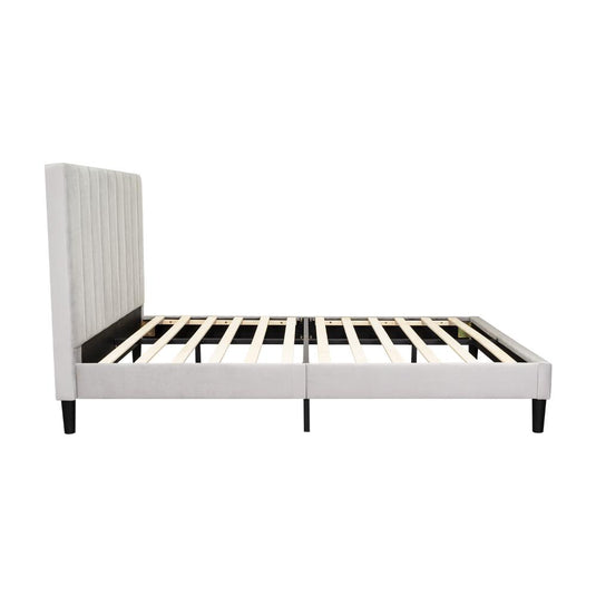 Cama Doble Lisa, Gris Claro, Madera Roble Tapizada