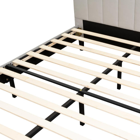 Cama Doble Lisa, Gris Claro, Madera Roble Tapizada