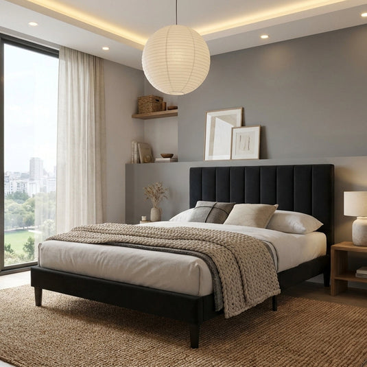 Cama Doble Lisa, Negro, Madera Roble Tapizada