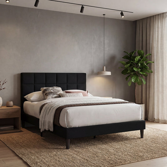 Cama Doble Vertex, Negro, Madera Roble Tapizada