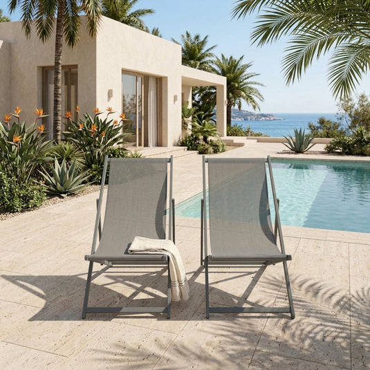 Set de 2 Sillas Plegable Reclinable Kenya, Gris Oscuro, con Tres Posiciones