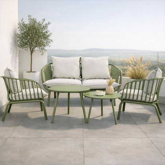 Sala de Exterior Sorrento, Verde Olivo, Con Cojines Beige, 4 Piezas