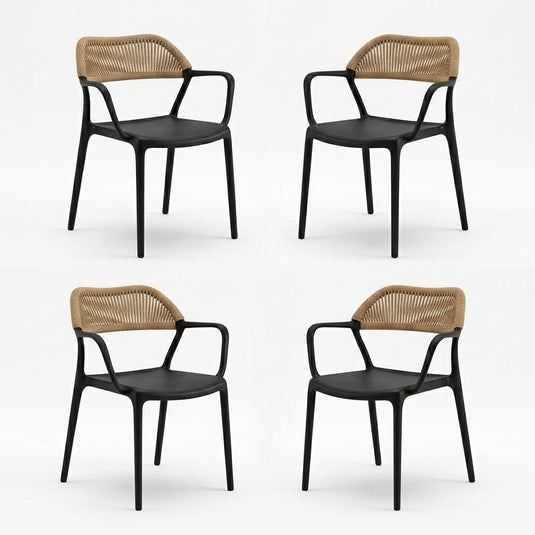 Set de 4 Sillas con Brazos Bombay, Negro y Beige, con Espaldar en Cuerdas y Diseño Moderno