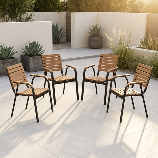 Set de 4 Sillas Comedor Exterior Rapel, Negro y Roble, con Cómodo Espaldar