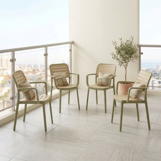 Set de 4 Sillas con Brazos Carolina, Verde Olivo y Beige, y Espaldar de Líneas Horizontales