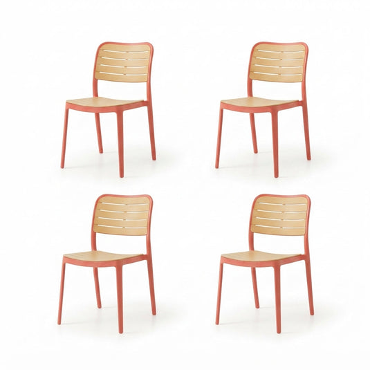 Set de 4 Sillas Carolina, Color Terracota y Beige, con Espaldar de Líneas Horizontales