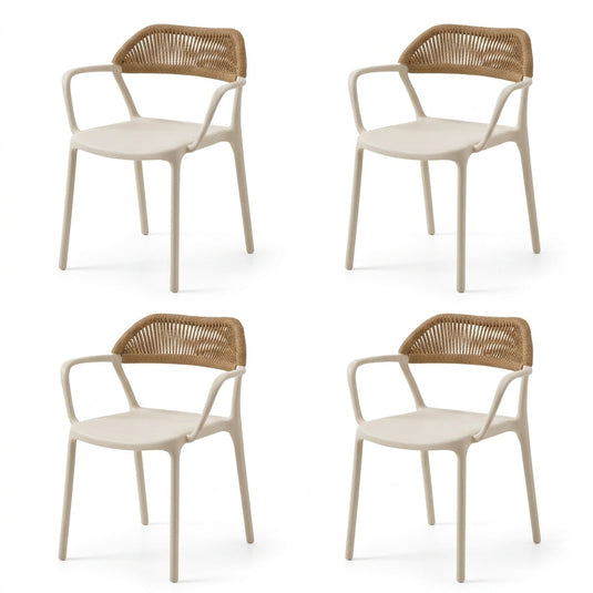Set de 4 Sillas con Brazos Bombay, Taupe Claro y Beige, con Espaldar en Cuerdas y Diseño Moderno