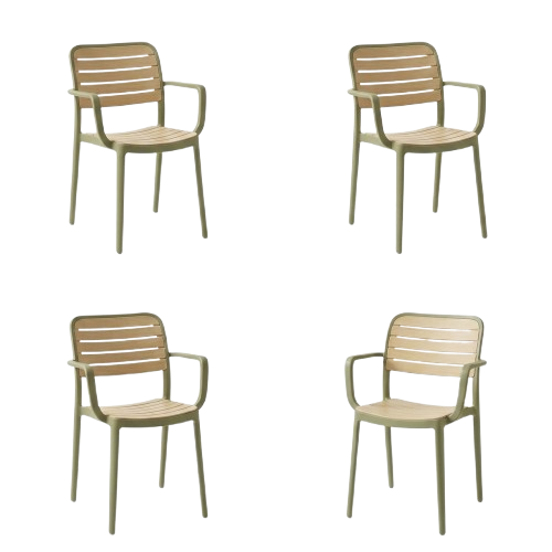 Set de 4 Sillas con Brazos Carolina, Verde Olivo y Beige, y Espaldar de Líneas Horizontales