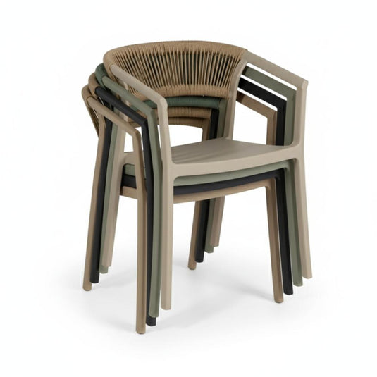 Silla Balí, Taupe, con Espaldar en Cuerdas y Diseño Moderno