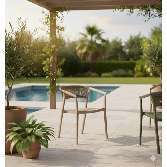 Silla Balí, Taupe, con Espaldar en Cuerdas y Diseño Moderno