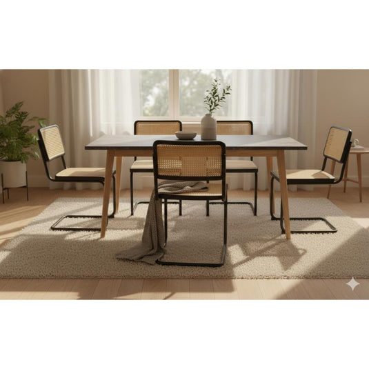 Set de 4 Sillas Vintage, Negro y Beige, con Espaldar Transpirable y Diseño Retro