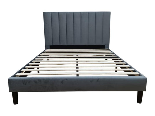 Cama Doble Lisa, Gris Oscuro, Madera Roble Tapizada